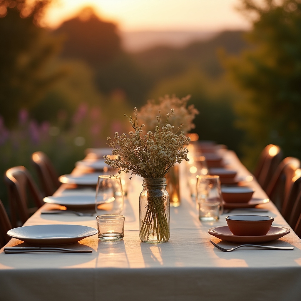Mesa preparada al atardecer con luz dorada