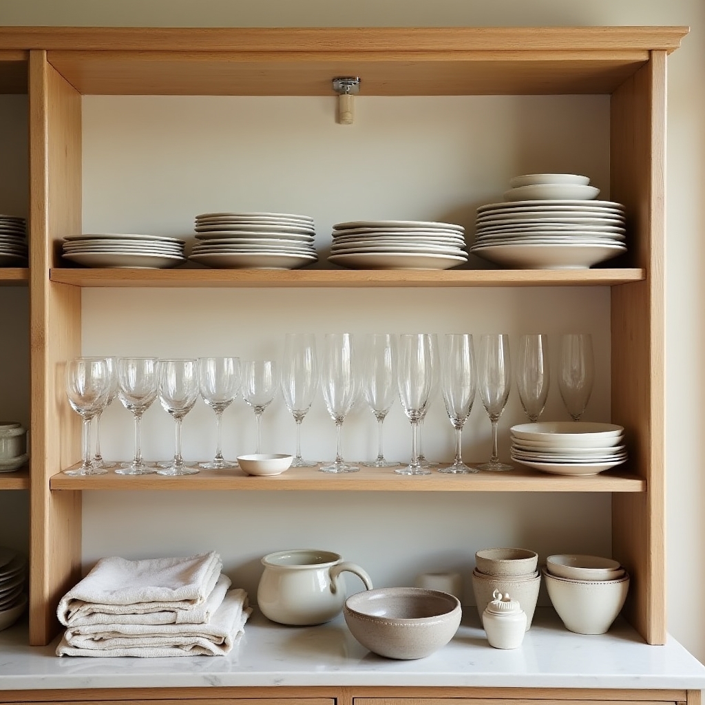 Colección organizada de vajillas, cristalería y mantelería en estantería de madera clara