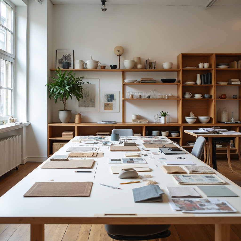 Interior del estudio Lagoon Pop con muestras de telas, vajillas y materiales de trabajo