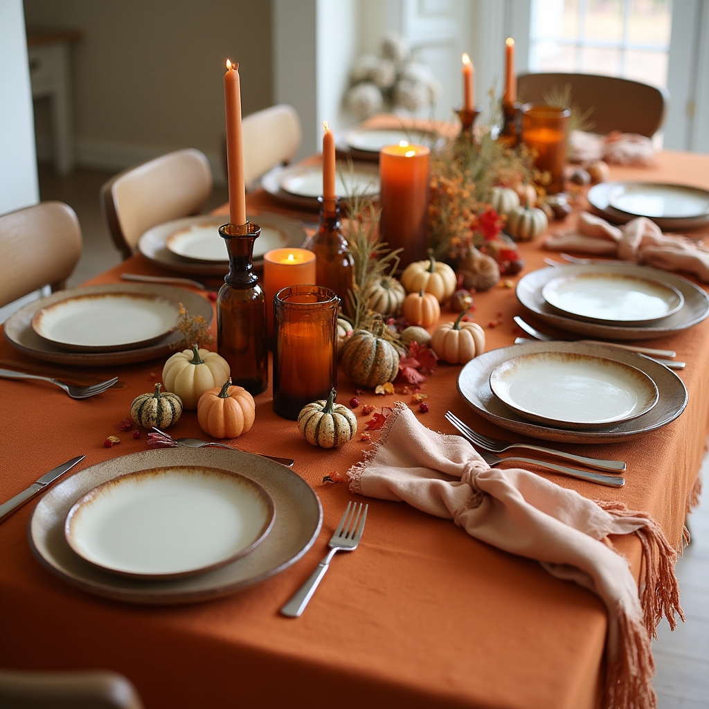 Mesa de otoño con elementos naturales, calabazas pequeñas, hojas secas y tonos tierra
